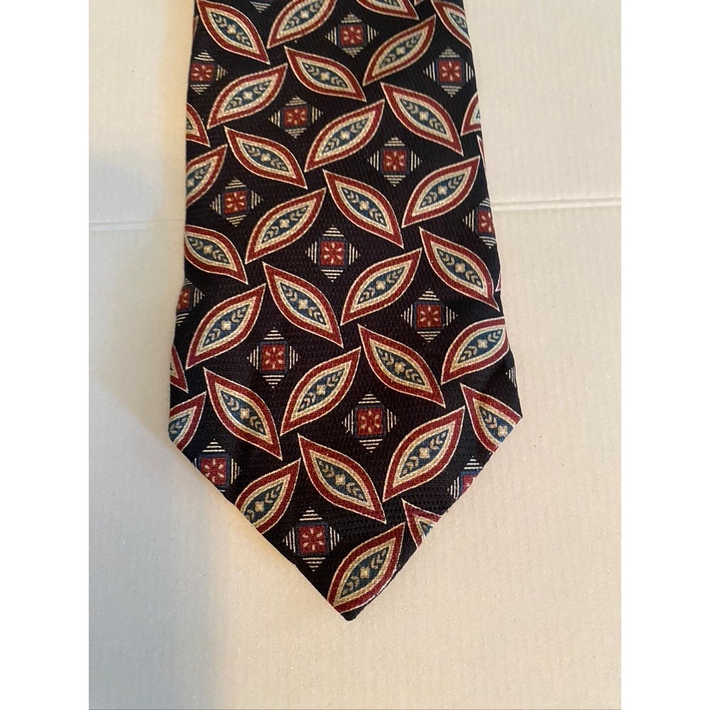 Villa Bugatti Mens Italian Silk Tie Black Burgundy Geometric Leaf Pattern USA